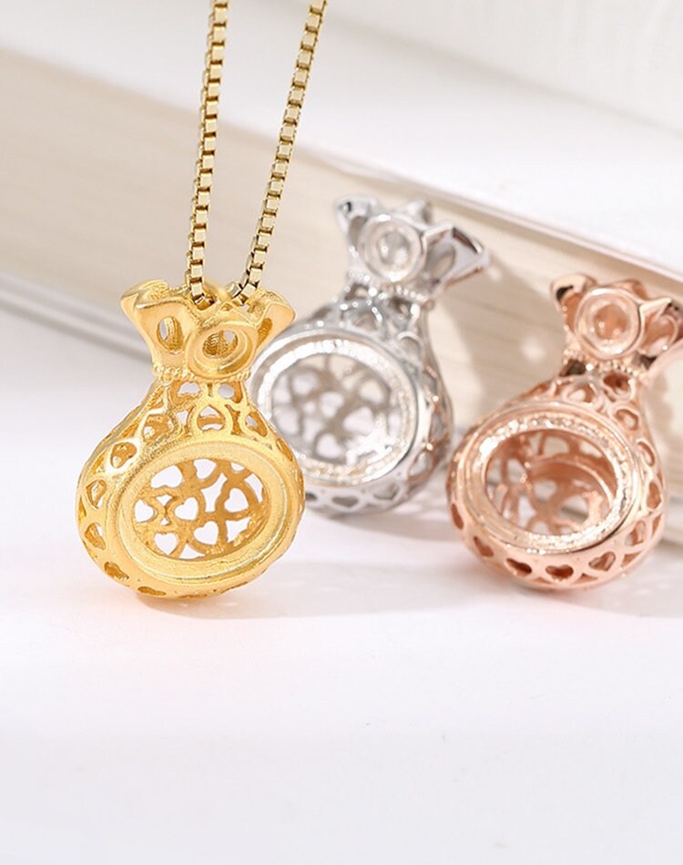 Openwork Gift Bag Oval Base Pendant Setting Bezel Sterling Silver Gold Fine 925 3x3 8x10 mm For Two Stones No Prongs DIY Jewelry Wholesale