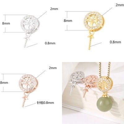 Crystals Tree Pattern Pin Base Pendant Setting Sterling Silver Rose Gold Fine 925 6-10 mm For One Pearl Bead No Prongs DIY Jewelry Wholesale