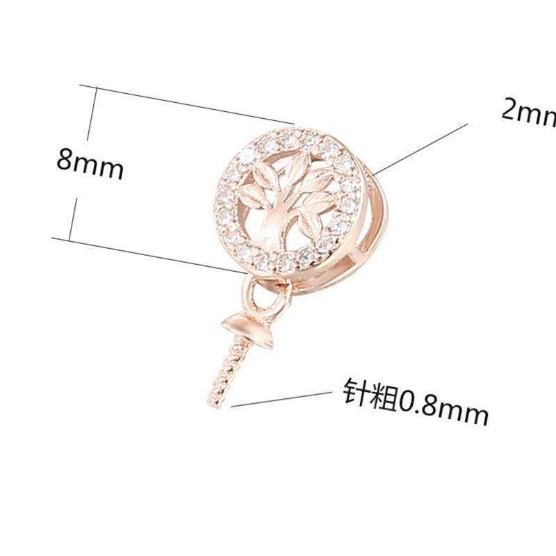 Crystals Tree Pattern Pin Base Pendant Setting Sterling Silver Rose Gold Fine 925 6-10 mm For One Pearl Bead No Prongs DIY Jewelry Wholesale