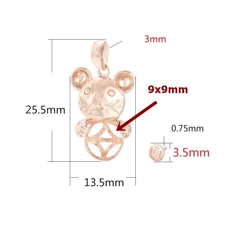 Mouse Shaped Round Pin Pendant Setting Bulk Sterling Silver Rose Gold Tray Fine 925 7 9mm For One Pearl Bead No Prongs DIY Jewelry Wholesale