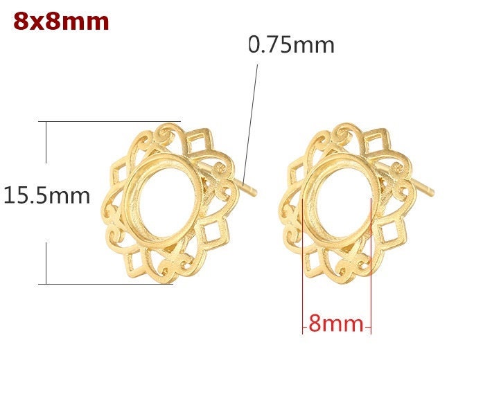 Flower Round Base Stud Earrings Blank Setting Sterling Silver Gold Fine 925 6-8 mm For One Stone Gemstone No Prongs DIY Jewelry Wholesale