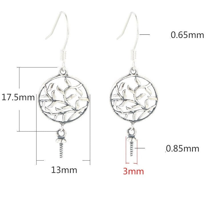 Leaf Pattern Round Cup Earrings Hook Setting Fine Sterling Silver White Gold 925 3 mm For One Pearl Bead No Prongs DIY Jewelry Wholesale