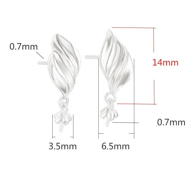 Leaf Pin Base Stud Earrings Setting Sterling Silver White Rose Gold Fine 925 3.5mm For One Bead Pearl No Prongs DIY Jewelry Wholesale