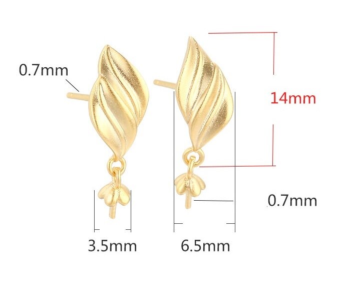 Leaf Pin Base Stud Earrings Setting Sterling Silver White Rose Gold Fine 925 3.5mm For One Bead Pearl No Prongs DIY Jewelry Wholesale