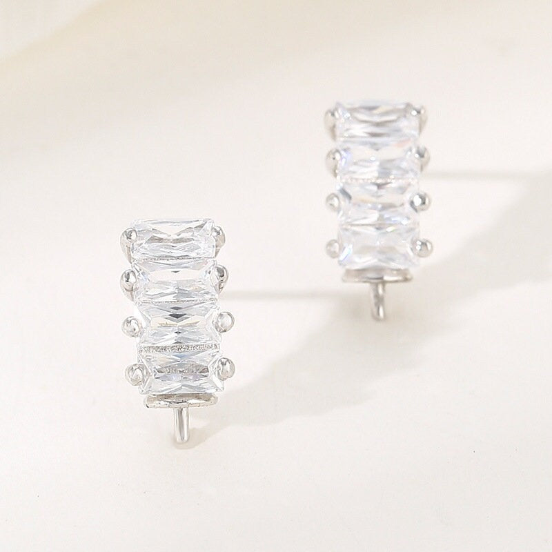 Crystals Rectangle Pin Base Stud Earrings Setting Sterling Silver White Gold Fine 925 4-8 mm For One Pearl No Prongs DIY Jewelry Wholesale