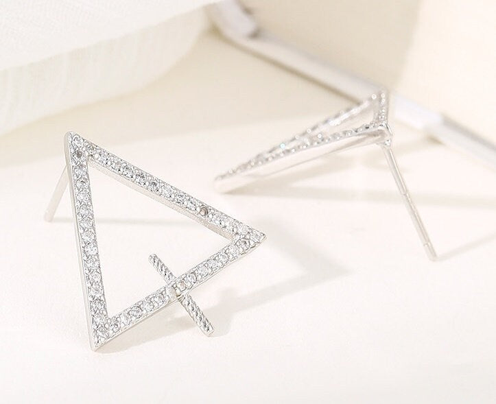 Crystals Triangle Pin Base Stud Earrings Setting Sterling Silver White Gold Fine 925 3-10mm For Two Pearls No Prongs DIY Jewelry Wholesale