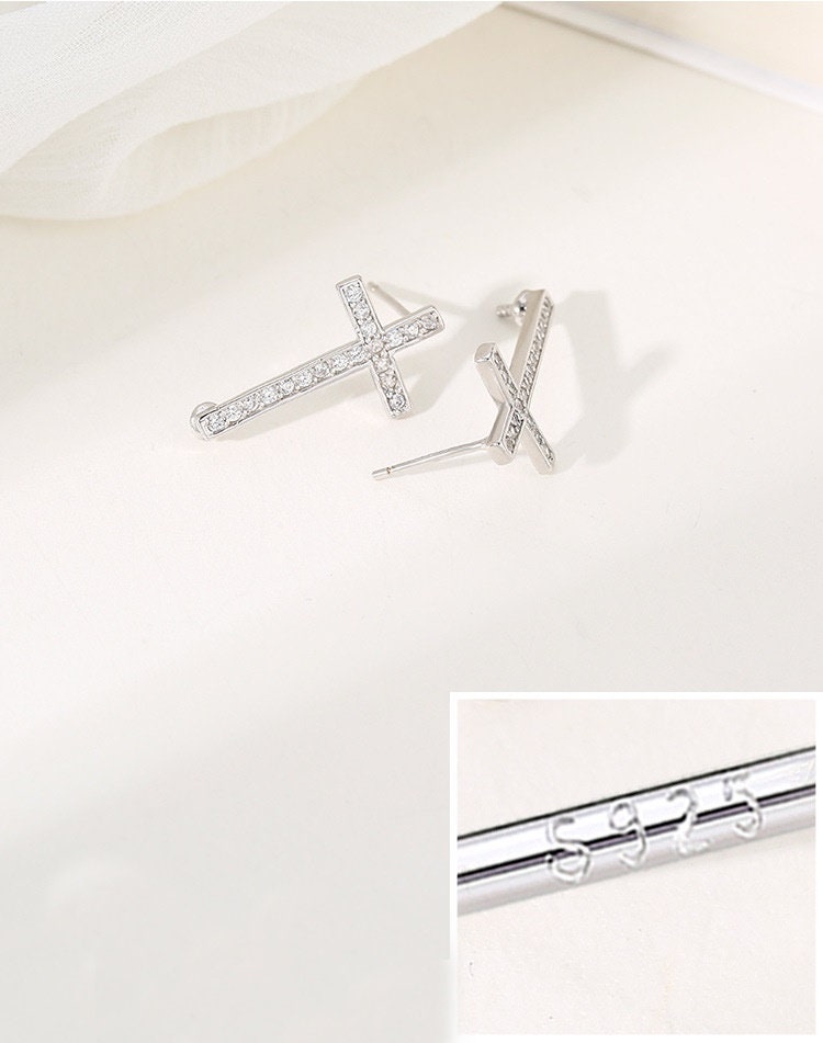 Crystals Cross Pin Base Stud Earrings Setting Wholesale Sterling Silver White Gold Fine 925 4-8mm For One Bead Pearl No Prongs DIY Jewelry