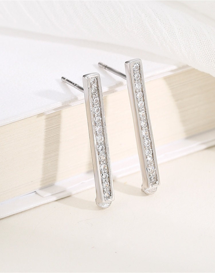 Crystals Rectangle Stick Pin Base Stud Earrings Setting Fine Sterling Silver 925 4-8mm For One Bead Pearl No Prongs DIY Jewelry Wholesale