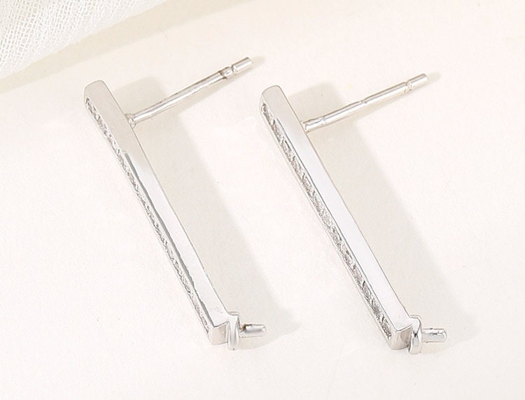 Crystals Rectangle Stick Pin Base Stud Earrings Setting Fine Sterling Silver 925 4-8mm For One Bead Pearl No Prongs DIY Jewelry Wholesale