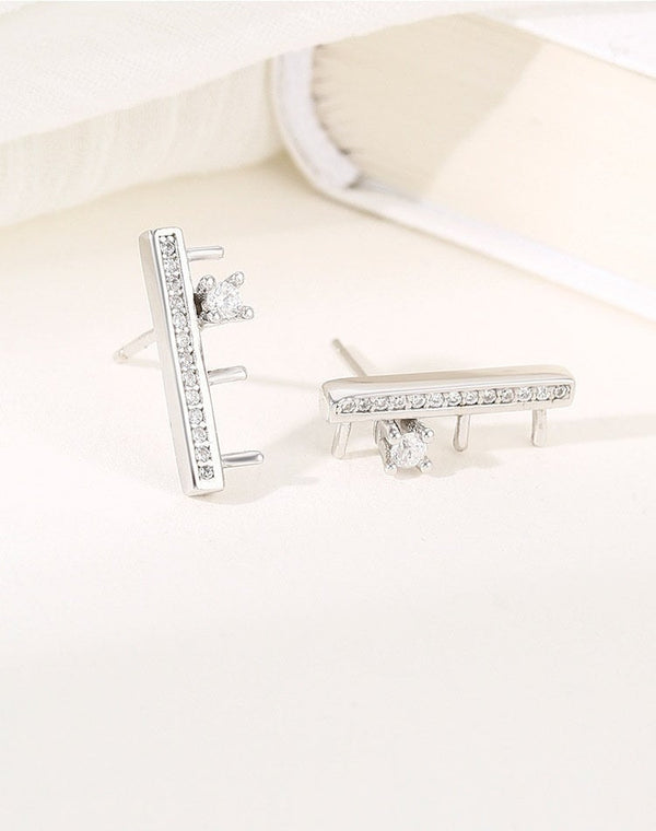 Crystals Rectangle Stick Pin Base Stud Earrings Setting Fine Sterling Silver 925 4x4mm For Three Pearls No Prongs DIY Jewelry Wholesale