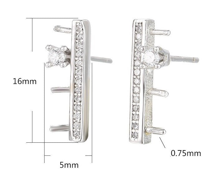 Crystals Rectangle Stick Pin Base Stud Earrings Setting Fine Sterling Silver 925 4x4mm For Three Pearls No Prongs DIY Jewelry Wholesale