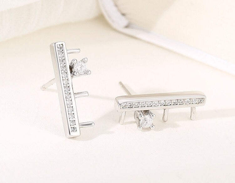 Crystals Rectangle Stick Pin Base Stud Earrings Setting Fine Sterling Silver 925 4x4mm For Three Pearls No Prongs DIY Jewelry Wholesale