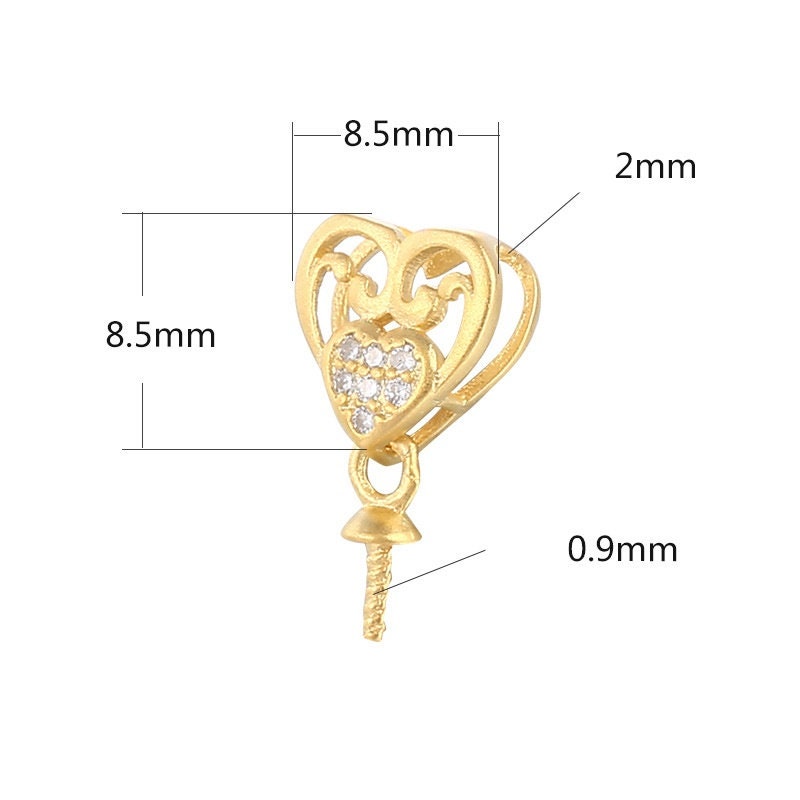 Crystals Heart Pin Base Pendant Setting Sterling Silver Rose Gold Fine 925 6-10 mm For One Pearl Bead No Prongs DIY Jewelry Wholesale