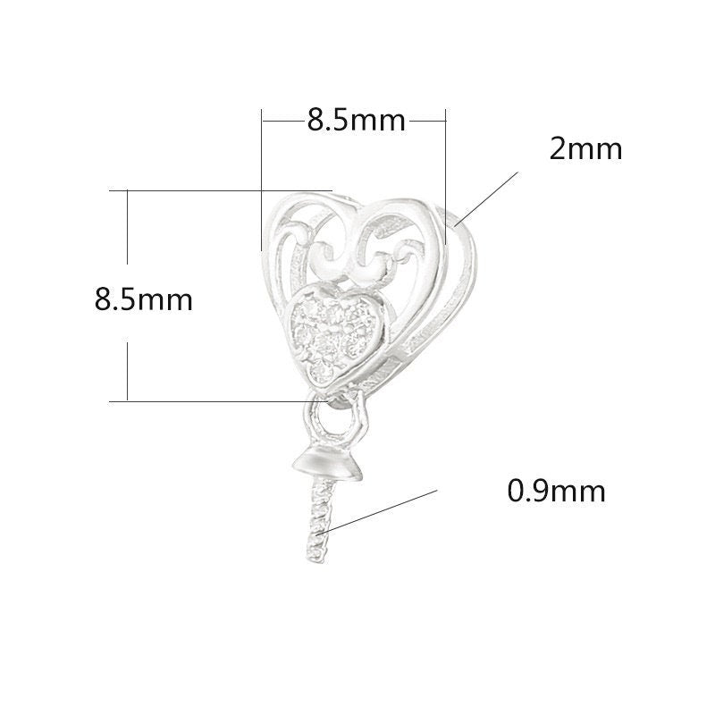 Crystals Heart Pin Base Pendant Setting Sterling Silver Rose Gold Fine 925 6-10 mm For One Pearl Bead No Prongs DIY Jewelry Wholesale