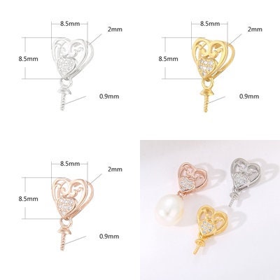 Crystals Heart Pin Base Pendant Setting Sterling Silver Rose Gold Fine 925 6-10 mm For One Pearl Bead No Prongs DIY Jewelry Wholesale