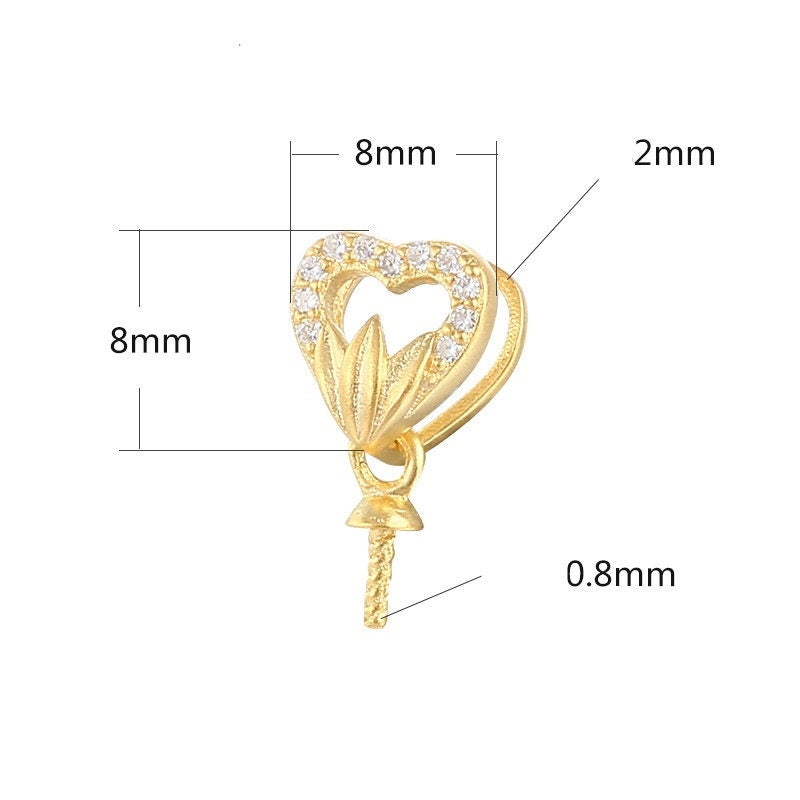 Crystals Heart Pin Base Pendant Setting Sterling Silver Rose Gold Fine 925 6-10 mm For One Pearl Bead No Prongs DIY Jewelry Wholesale