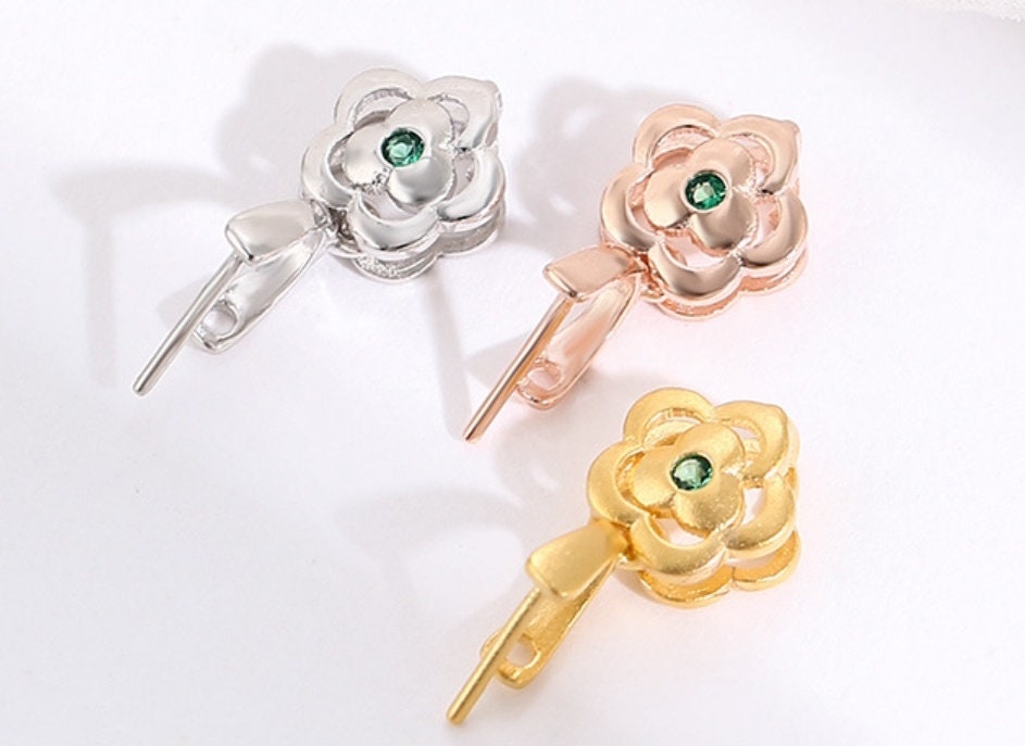 Green Crystal Flower Buckle Clip Pendant Setting Wholesale Sterling Silver Rose Gold Fine 925 4x4 mm For One Stone No Prongs DIY Jewelry