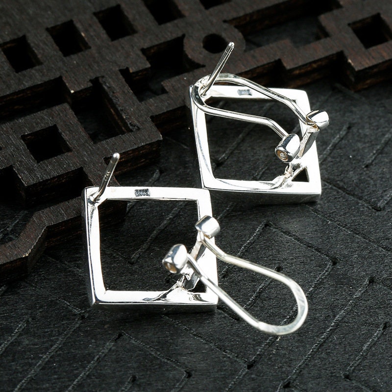 Square Base Holder Clamp Stud Earrings Setting Sterling Silver White Gold Fine 925 14x14 mm For One Stone No Prongs DIY Jewelry Wholesale