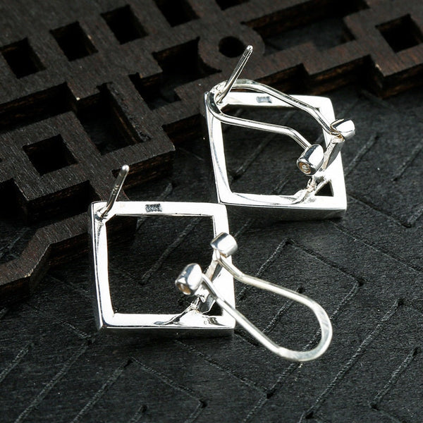 Square Base Holder Clamp Stud Earrings Setting Sterling Silver White Gold Fine 925 14x14 mm For One Stone No Prongs DIY Jewelry Wholesale