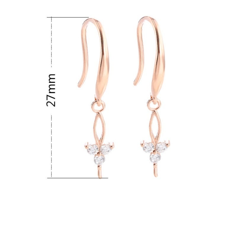 Sterling Silver Zircon Flowers Clip Earrings Hook Blank Setting Rose Gold Fine 925 27 mm For One Pearl No Prongs DIY Jewelry Wholesale