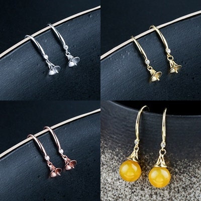 Crystal Bell Cup Pin Earrings Hook Setting Fine Sterling Silver White Gold 925 8-10 mm For One Pearl Bead No Prongs DIY Jewelry Wholesale