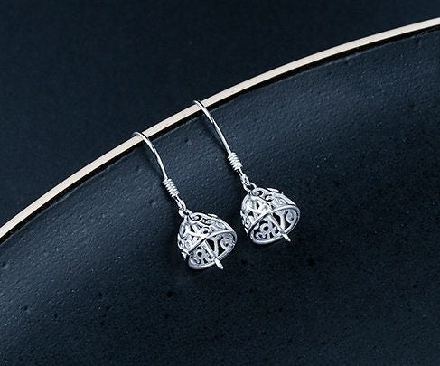 Openwork Bell Cup Pin Earrings Hook Setting Fine Sterling Silver White Gold 925 8 mm For One Pearl Bead No Prongs DIY Jewelry Wholesale