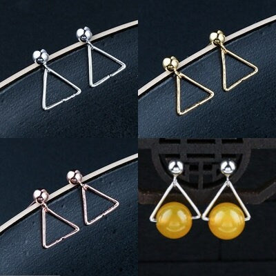 Triangle Clip Buckle Earrings Stud Setting Sterling Silver Gold Bezel Fine 925 6-8 mm For One Pearl Bead No Prongs DIY Jewelry Wholesale