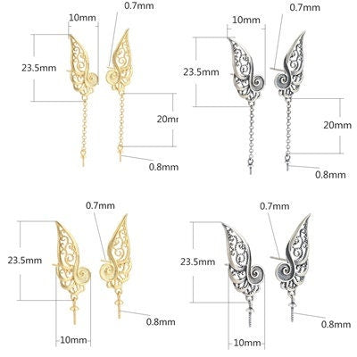 Openwork Wings Cup Pin Earrings Hook No Prongs Setting Sterling Silver Gold Fine 925 10x23.5 mm For One Pearl Bead DIY Jewelry Wholesale