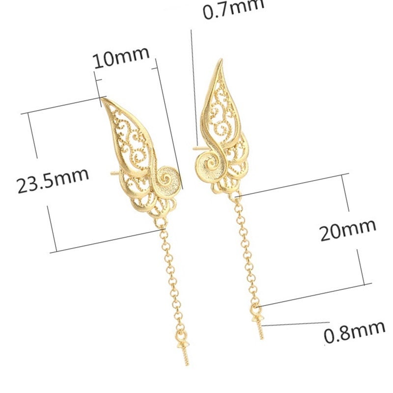 Openwork Wings Cup Pin Earrings Hook No Prongs Setting Sterling Silver Gold Fine 925 10x23.5 mm For One Pearl Bead DIY Jewelry Wholesale