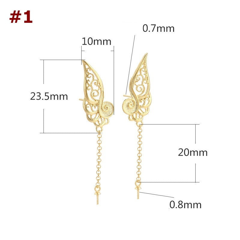 Openwork Wings Cup Pin Earrings Hook No Prongs Setting Sterling Silver Gold Fine 925 10x23.5 mm For One Pearl Bead DIY Jewelry Wholesale