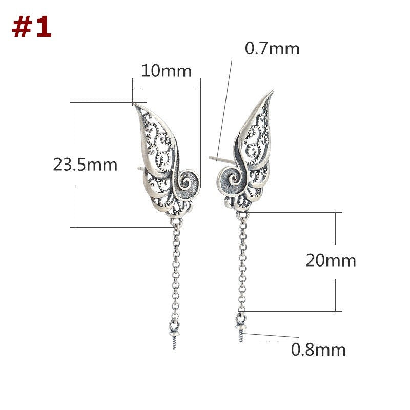 Openwork Wings Cup Pin Earrings Hook No Prongs Setting Sterling Silver Gold Fine 925 10x23.5 mm For One Pearl Bead DIY Jewelry Wholesale