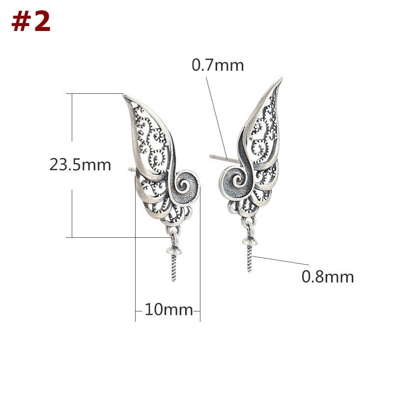 Openwork Wings Cup Pin Earrings Hook No Prongs Setting Sterling Silver Gold Fine 925 10x23.5 mm For One Pearl Bead DIY Jewelry Wholesale