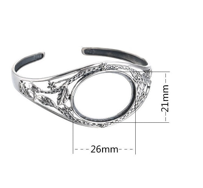 Ethnic Leaf Pattern Oval Mount Bracelet Setting Sterling Silver Fine 925 26x21mm For One Stone Adjustable No Prongs DIY Jewelry Wholesale