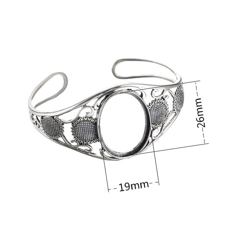 Ethnic Sunflower Oval Mount Bracelet Setting Sterling Silver Fine 925 26x19mm For One Stone Adjustable No Prongs DIY Jewelry Wholesale