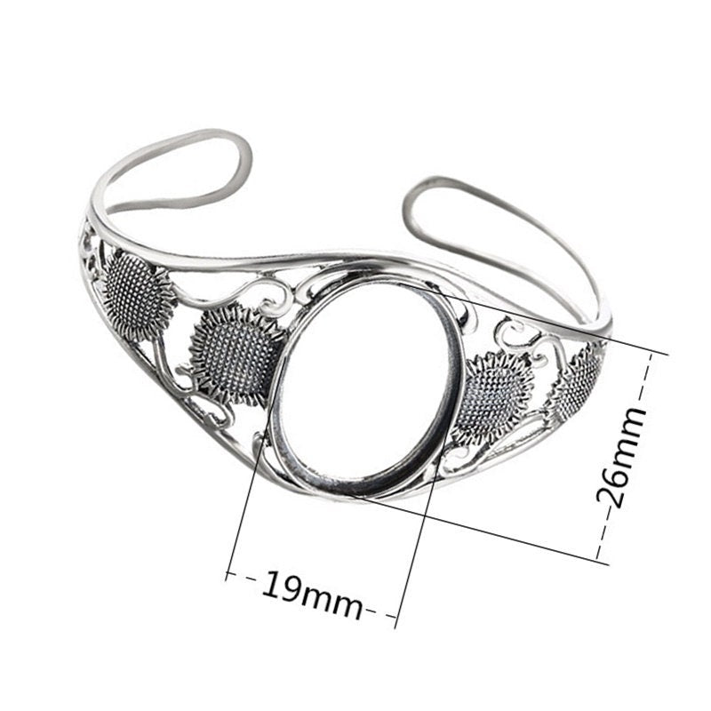 Ethnic Sunflower Oval Mount Bracelet Setting Sterling Silver Fine 925 26x19mm For One Stone Adjustable No Prongs DIY Jewelry Wholesale