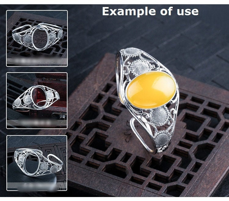 Ethnic Sunflower Oval Mount Bracelet Setting Sterling Silver Fine 925 26x19mm For One Stone Adjustable No Prongs DIY Jewelry Wholesale