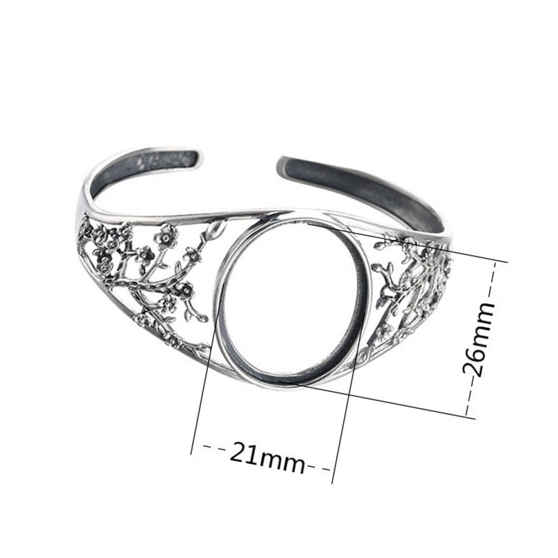 Ethnic Flower Branch Oval Mount Bracelet No Prongs Setting Sterling Silver Fine 925 26x21mm For One Stone Adjustable DIY Jewelry Wholesale