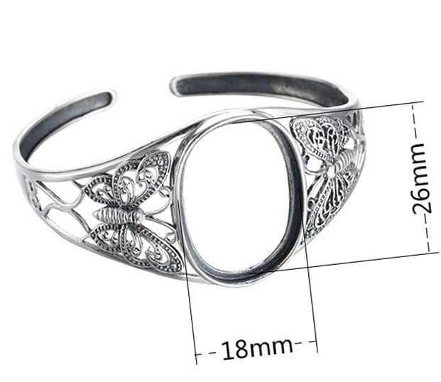 Ethnic Butterfly Oval Mount Bracelet Setting Fine 925 Sterling Silver Adjustable 26x18mm For One Stone No Prongs DIY Jewelry Wholesale