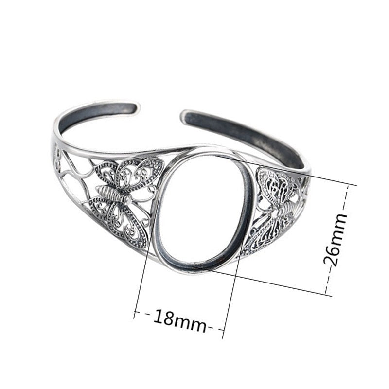 Ethnic Butterfly Oval Mount Bracelet Setting Fine 925 Sterling Silver Adjustable 26x18mm For One Stone No Prongs DIY Jewelry Wholesale