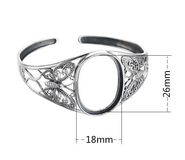 Ethnic Butterfly Oval Mount Bracelet Setting Fine 925 Sterling Silver Adjustable 26x18mm For One Stone No Prongs DIY Jewelry Wholesale