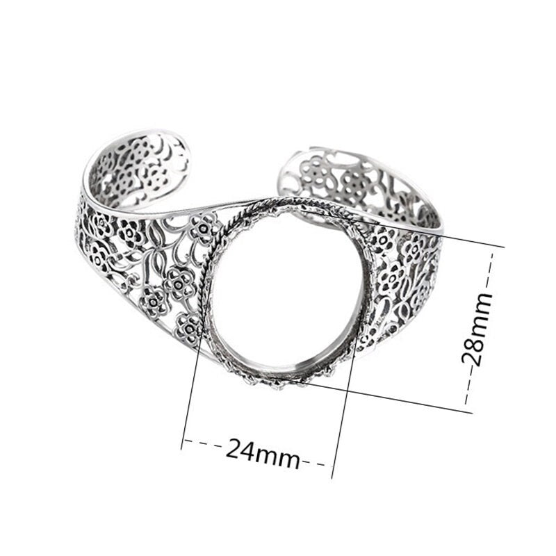 Ethnic Flower Oval Mount Bracelet Blank Setting Sterling Silver Fine 925 28x24mm For One Stone Adjustable No Prongs DIY Jewelry Wholesale