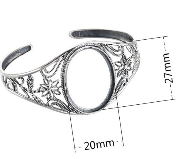 Ethnic Flower Oval Mount Bracelet Setting Base Sterling Silver Fine 925 27x20mm For One Stone Adjustable No Prongs DIY Jewelry Wholesale