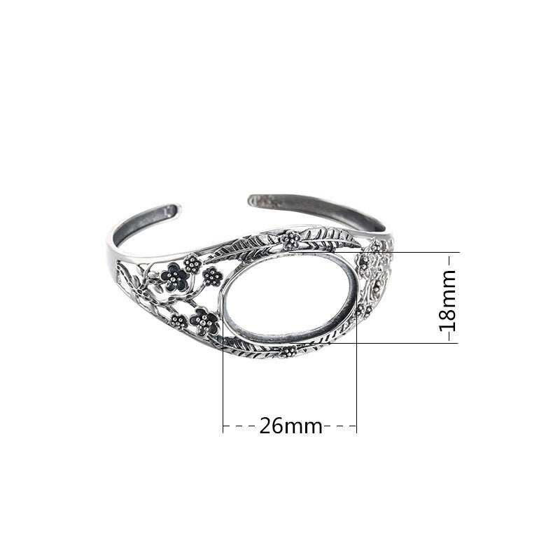 Ethnic Flower Branch Oval Mount Bracelet Setting Sterling Silver Fine 925 18x26mm For One Stone Adjustable No Prongs DIY Jewelry Wholesale