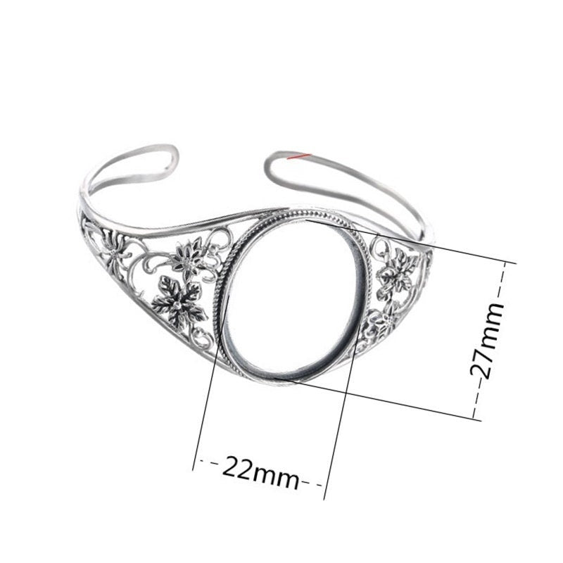 Ethnic Flower Oval Mount Bracelet Setting Bulk Sterling Silver Fine 925 27x22mm For One Stone Adjustable No Prongs DIY Jewelry Wholesale