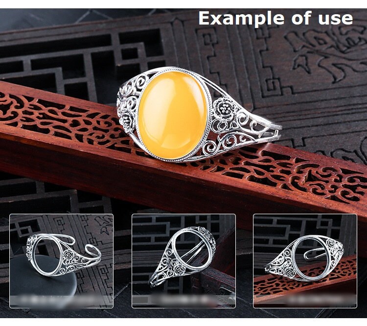 Ethnic Flower Oval Mount Bracelet Setting Wholesale Sterling Silver Fine 925 27x23mm For One Stone Adjustable No Prongs DIY Jewelry