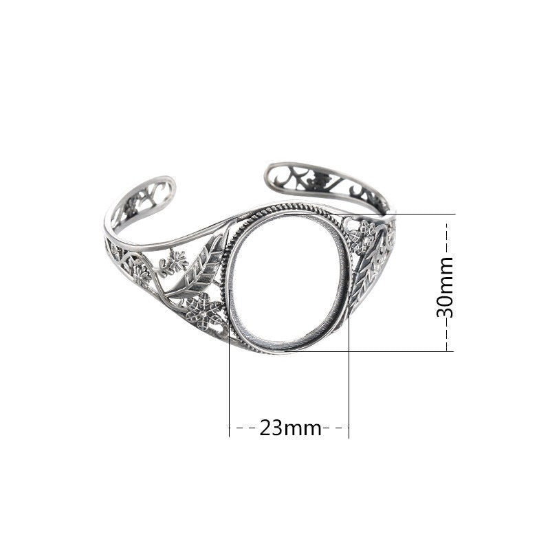 Ethnic Leaf Pattern Oval Mount Bracelet Setting Sterling Silver Fine 925 30x23mm For One Stone Adjustable No Prongs DIY Jewelry Wholesale