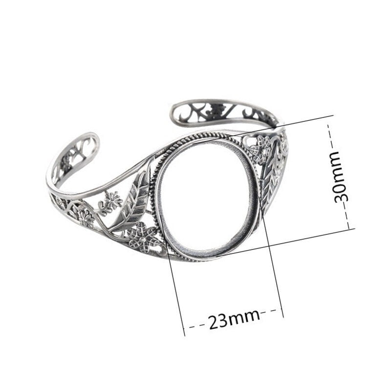 Ethnic Leaf Pattern Oval Mount Bracelet Setting Sterling Silver Fine 925 30x23mm For One Stone Adjustable No Prongs DIY Jewelry Wholesale