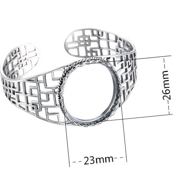 Ethnic Geometric Oval Mount Bracelet Setting Sterling Silver Fine 925 26x23mm For One Stone Adjustable No Prongs DIY Jewelry Wholesale