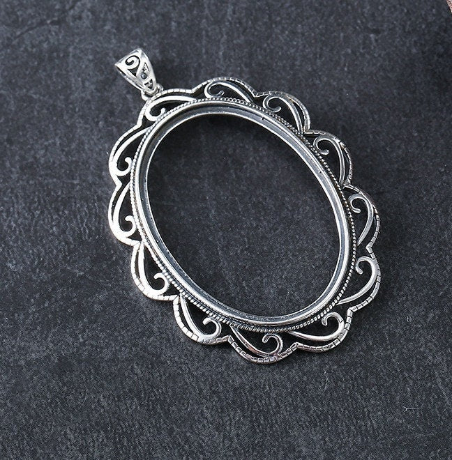 Retro Ethnic Flowers Oval Base Pendant Setting Sterling Silver Fine 925 26x36mm For One Stone Gemstone No Prongs DIY Jewelry Wholesale