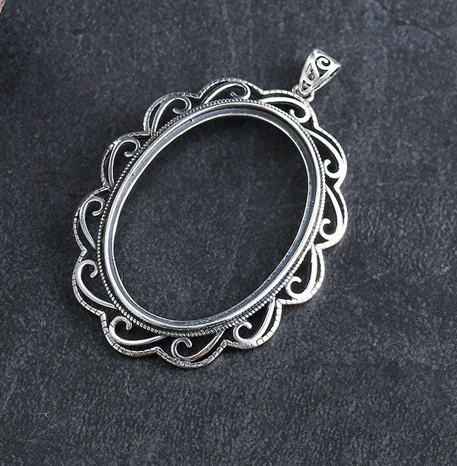 Retro Ethnic Flowers Oval Base Pendant Setting Sterling Silver Fine 925 26x36mm For One Stone Gemstone No Prongs DIY Jewelry Wholesale